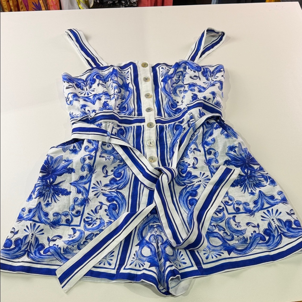 FARM Rio Blue and White Floral Stripe Belted Romper